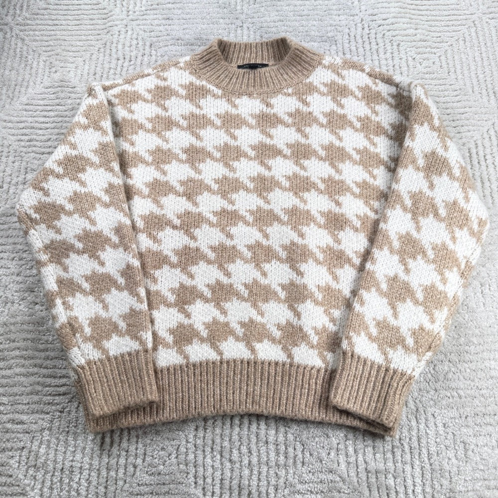 Ann Taylor Houndstooth Sweater Women's Large Tan Academia Autumn Cabincore Cozy